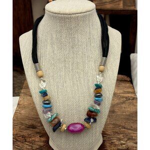 Vibrant Faux Stone Beaded Necklace with Black Cord & Silver Accents Boho Rainbow